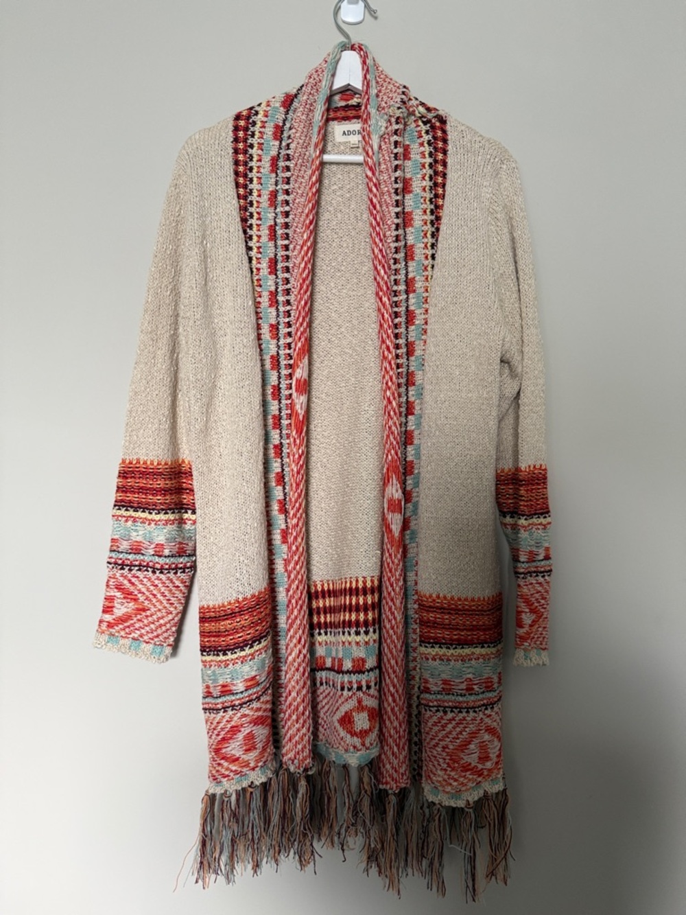 ADORA Beige Open-Front Fringe Cardigan with Coral & Aqua Pattern